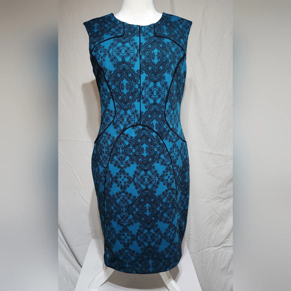 Blue Sleeveless Bodycon Knee-length Dress With Black Lace Print From Worthington - Picture 1 of 4